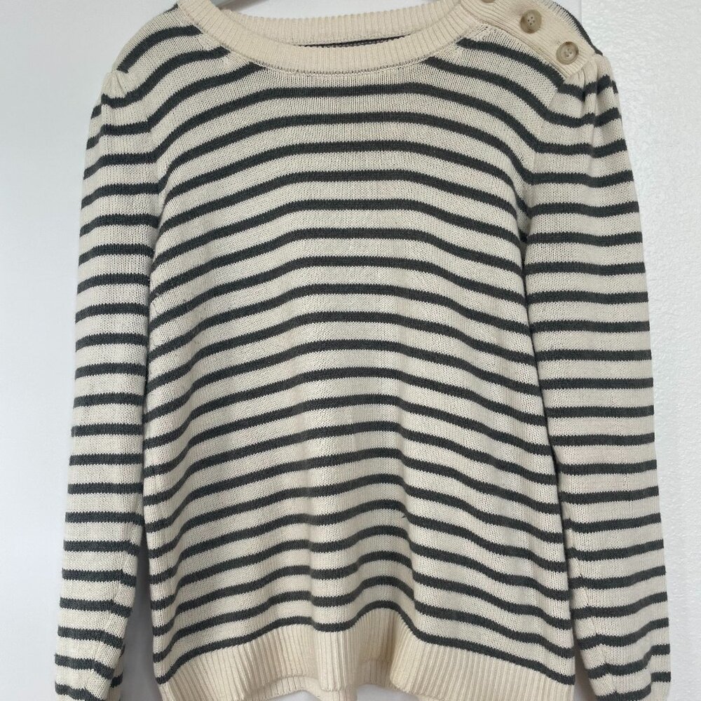 Loft Nautical Stripe Crew Neck Sweater, White,‎ Charcoal, Button Shoulder, M